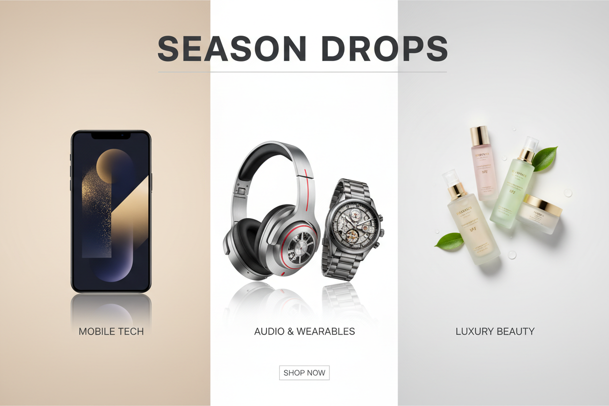 give me a perfect and responsive size banner for my season drops that include mobile item mechanical item and skin care item in it